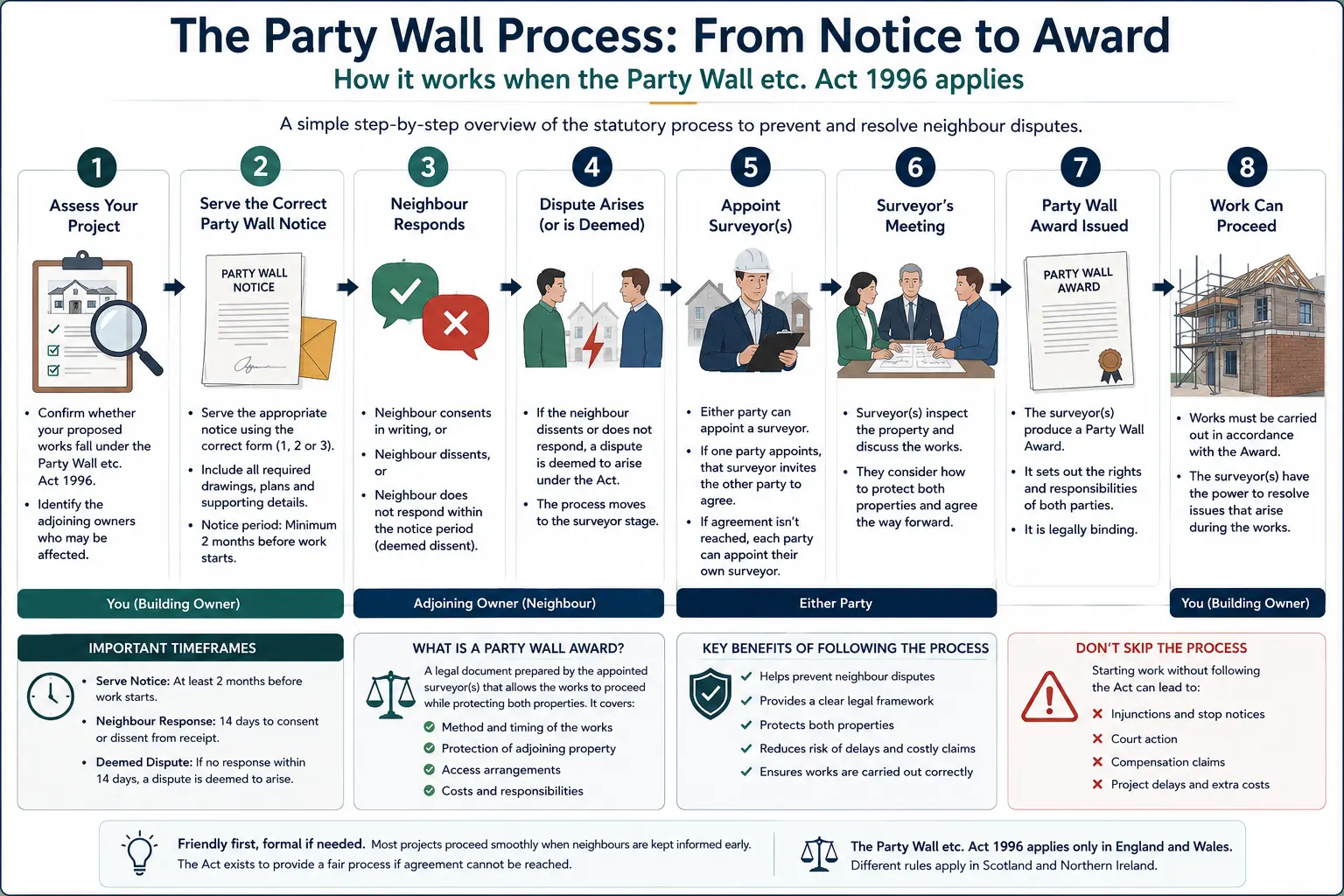 Do I Need a Party Wall Agreement? An infographic showing the party wall process from notice to award in a very interactive way for the citizens living in Kingston upon thames, UK