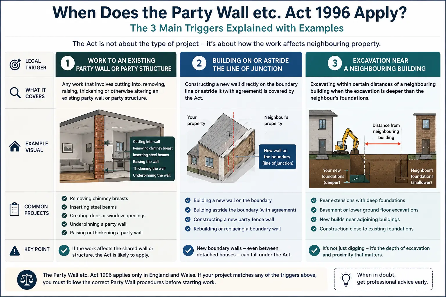Do I Need a Party Wall Agreement? An infographic showing when does the party wall etc act 1996 apply like excavation, junction, painting, in Kingston upon thames, UK